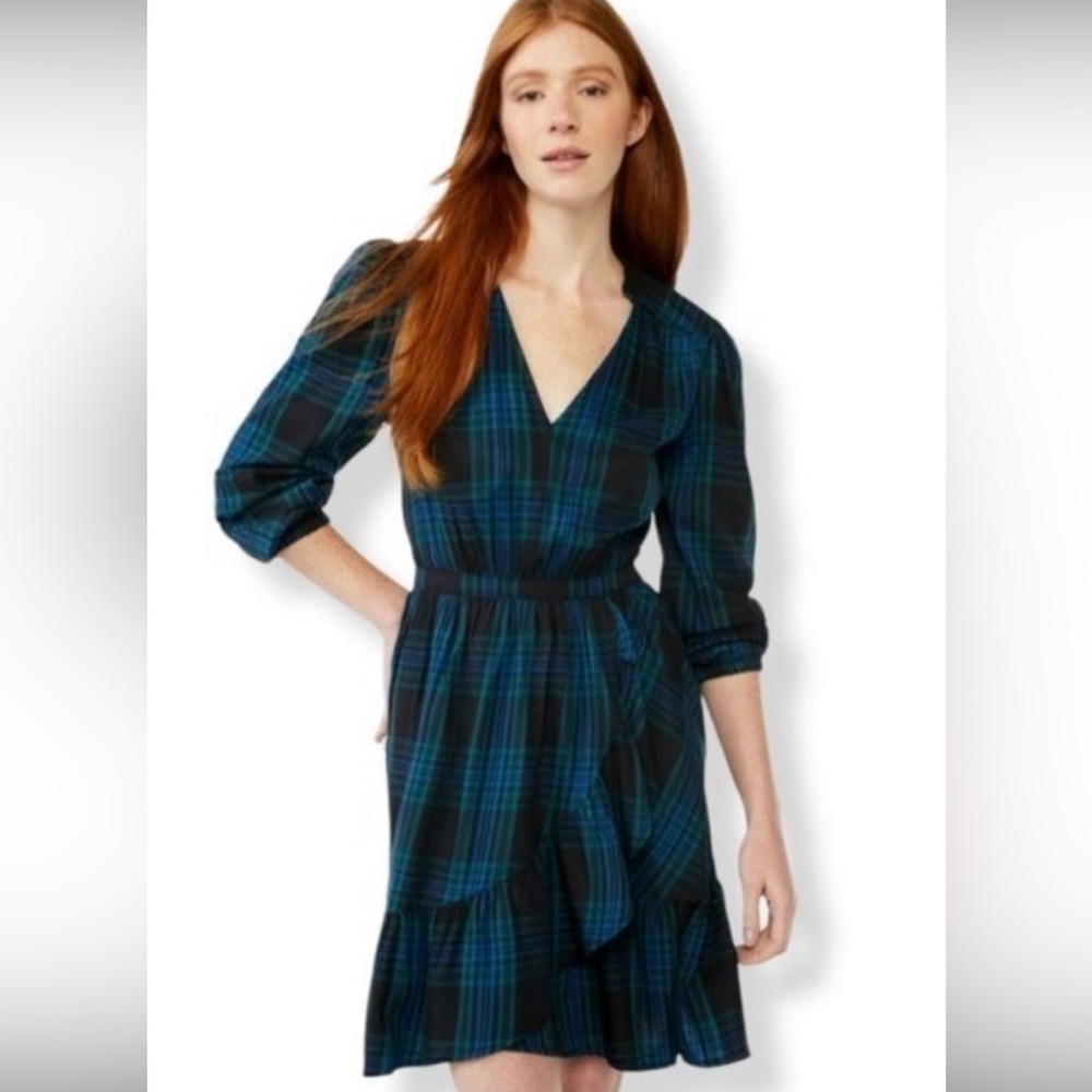 Free Assembly Tartan Ruffle V-Neck Dress | Blue & Green | Small - Picture 1 of 6